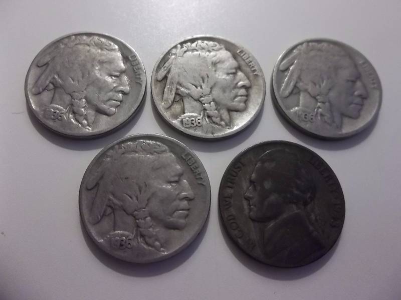 4-Buffalo Nickels & 1-Jefferson Wartime Silver Nickel