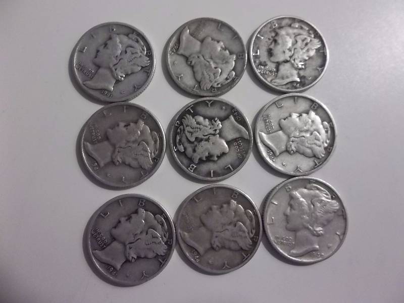 9-Mercury Dimes From The Forties P,D,S