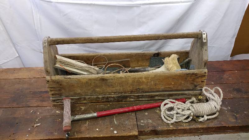 lot 34 image: Wooden Tool Caddy with Misc. Tools