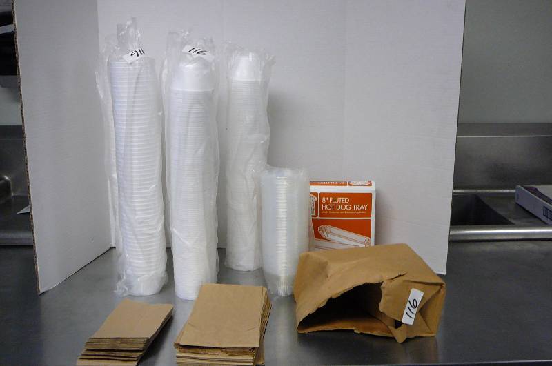 Ice Cream Styro Bowls 5 sleeves, Clear Ice cream bowls, Brown Bags, Hot dog trays
