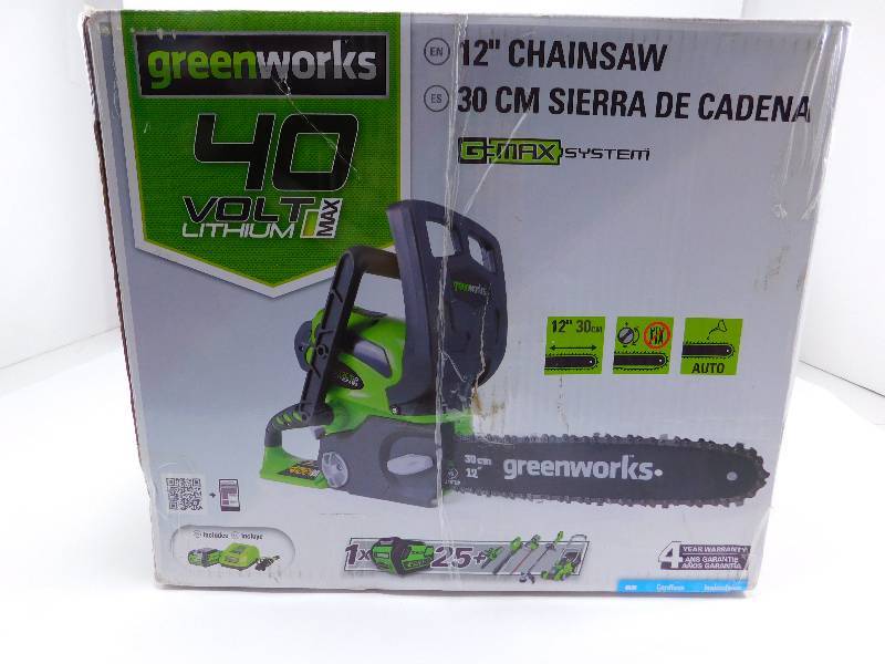 lot 3 image: Greenworks 40 Volt Lithium 12 Chainsaw w2Ah Battery  Charger