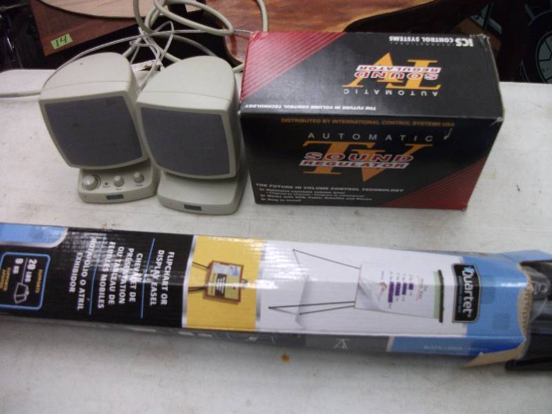 lot 26 image: Flip Chart Or Display Easel, Pair Computer Speakers, Automatic Sound Regulator