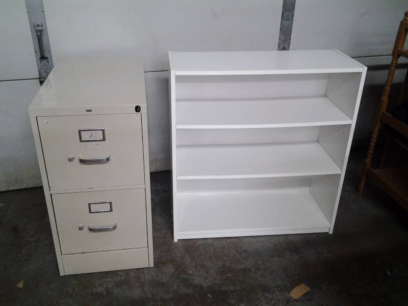 lot 5 image: Metal 2 Drawer Hon File (No Lock) Tan 15x25x29, White 3-Shelf Bookcase 12x30x32