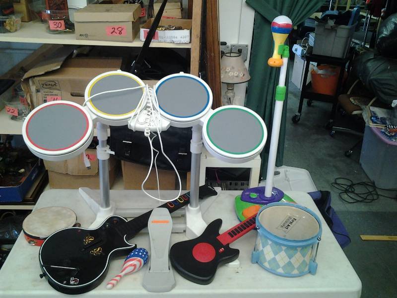 lot 54 image: Musical Guitars, Drums, Microphone Stand, Tambourines-For A Rockin Out Family Band