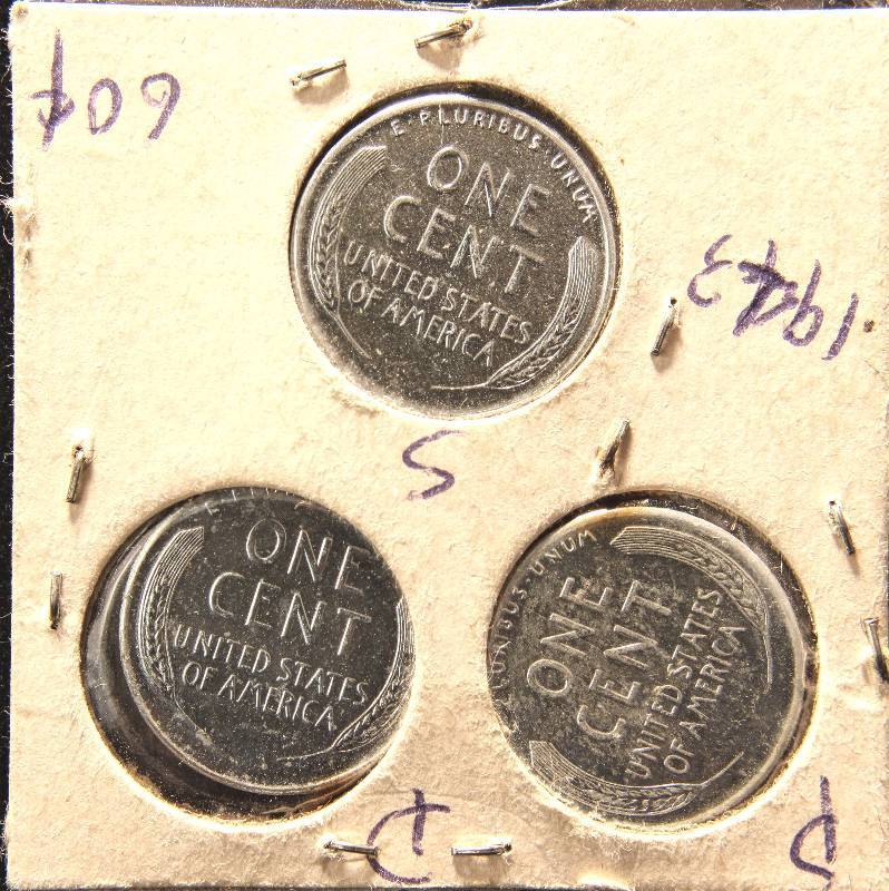 GROUP OF 3 WARTIME US STEEL CENTS 1943 P-D-S