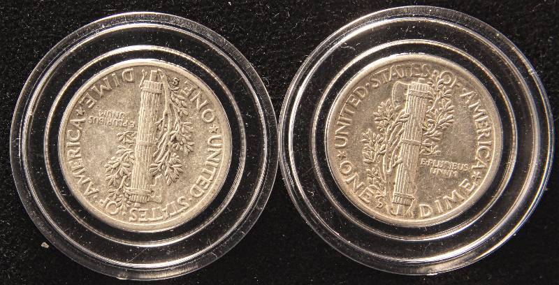 GROUP OF 2 HIGHER GRADE MERCURY DIMES 1939-D & 1942-S IN AIRTITE HOLDERS
