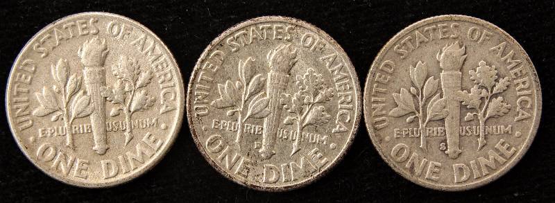 GROUP OF 3 SILVER ROOSEVELT DIMES 1955P, 1955D & 1955S