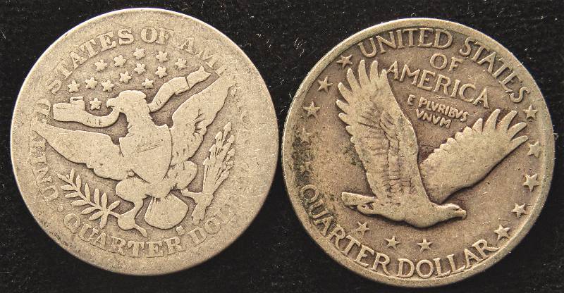 GROUP OF 2 SILVER QUARTERS 1900-S BARBER & 1925-P STANDING LIBERTY
