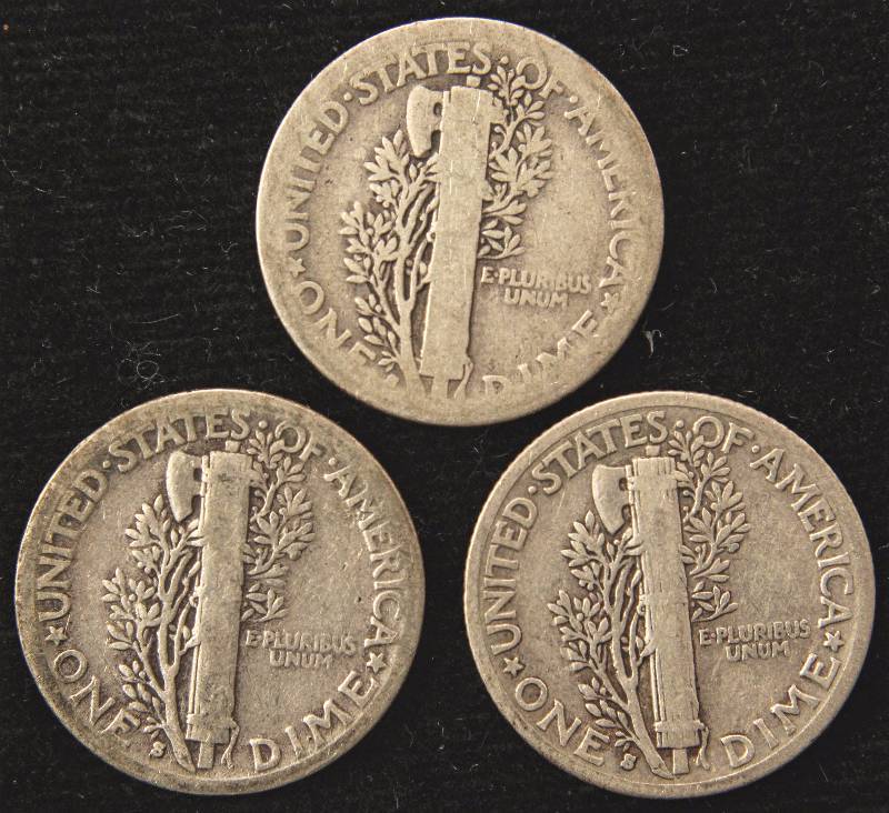 GROUP OF 3 MERCURY SILVER DIMES 1916S, 1929S, 1937S