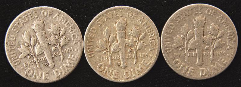 GROUP OF 3 SILVER ROOSEVELT DIMES 1946P, 1947S & 1950D