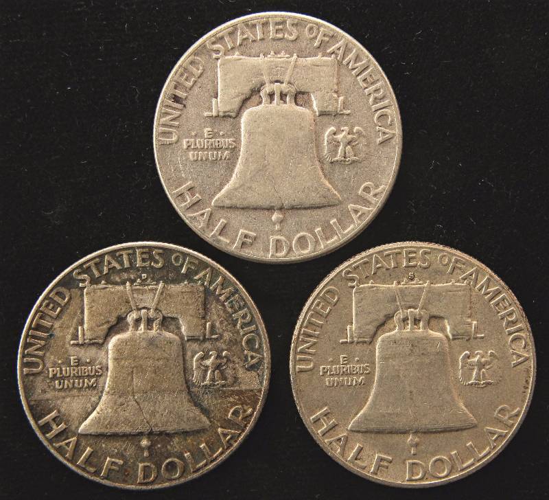 GROUP OF 3 FRANKLIN SILVER HALF DOLLARS 1952P, 1952D, & 1952S