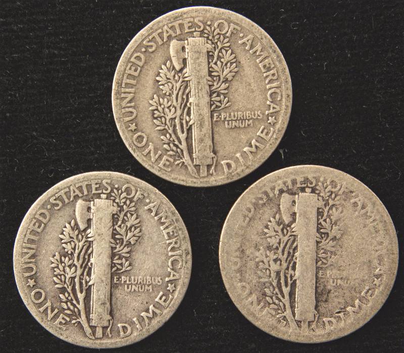 GROUP OF 3 MERCURY SILVER DIMES 1920, 1928, 1934D