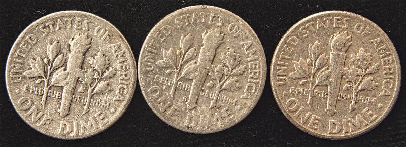 GROUP OF 3 ROOSEVELT SILVER DIMES 1947, 1950S & 1955