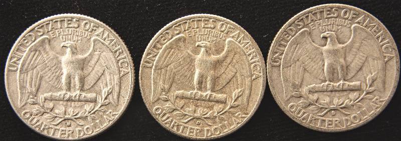 GROUP OF 3 WASHINGTON SILVER QUARTERS 1942S, 1957D & 1964D