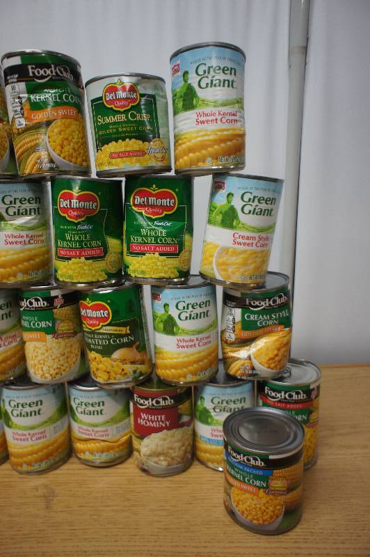 lot 200 image: Large Lot of Assorted Cans of Corn - All Items Expired In 2016 -