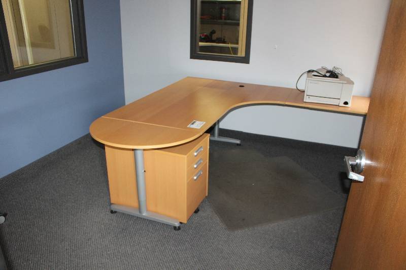 lot 1174 image: Wood Office L-Desk, Wheeled Lateral File, Wheeled File Cabinet