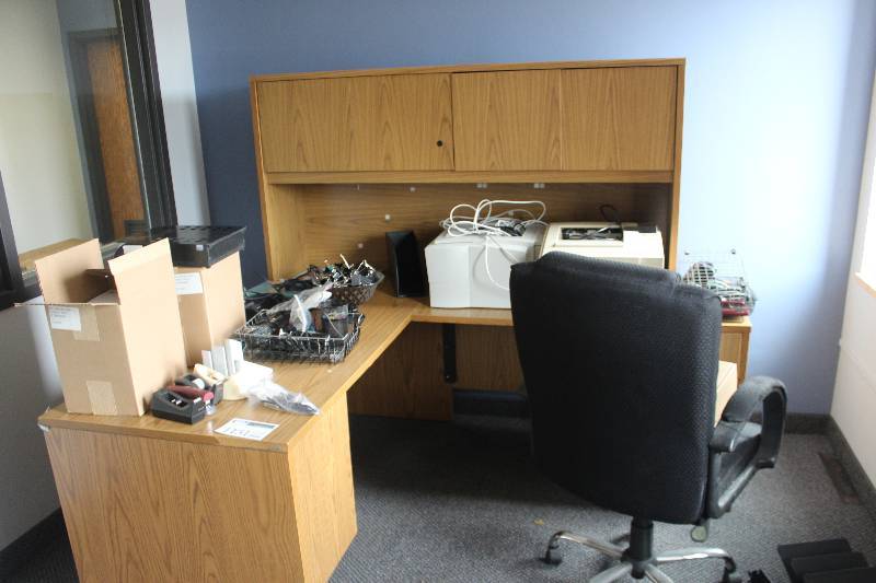 lot 1151 image: National 4-Drawer Wood Office L-Desk w Bookcase & Rolling Office Chair