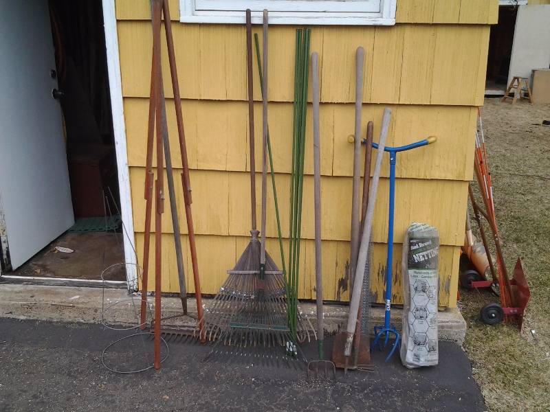 lot 9 image: Lot Of Lawn & Garden  Care Related Tools, Chicken Wire, Rakes, Claw Weeder