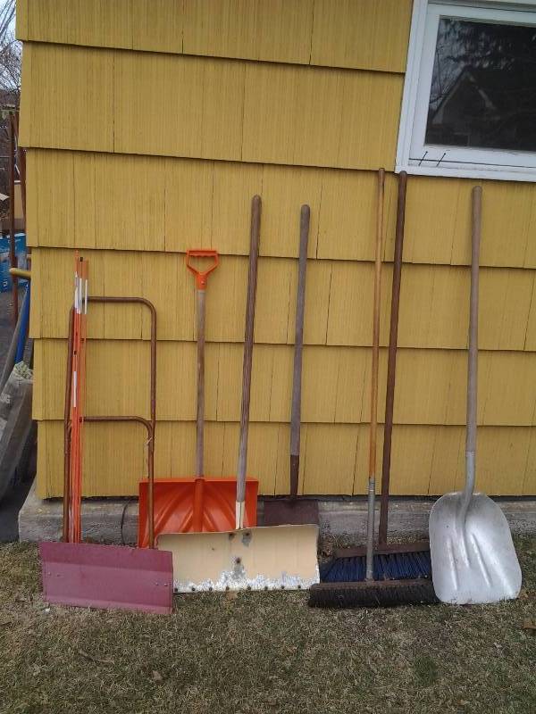 lot 10 image: Assorted Implements-Shovels, Brooms, Stakes