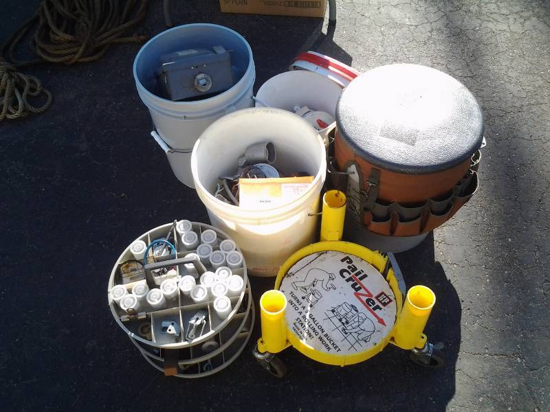 lot 51 image: Pails Of Hardware, Plumbing, Electrical, Organizer & Rolling Caddy
