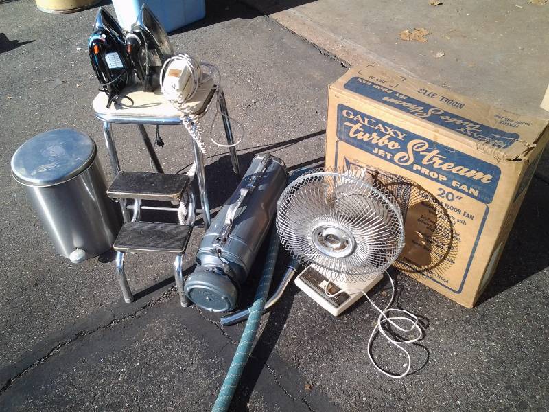lot 52 image: 2-Electrolux Vacuums & Attachments, 2-Fans, 2-Irons, Step Stool, Step Trash Can