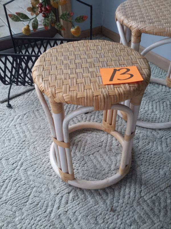 lot 13 image: 2 Woven top Side tables.. Metal Magazine Rack