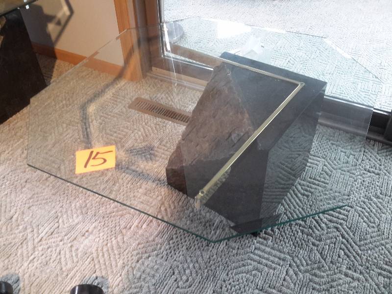 lot 15 image: 2 Stone Base Tables.. 1 Coffee table. 1 end table.. Beveled glass tops