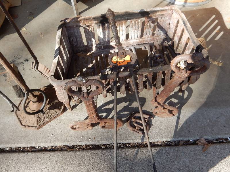 lot 95 image: Vintage Heavy Iron Fireplace tools, GrateBasket and andirons..