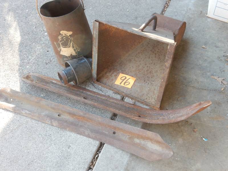 lot 96 image: Back Stop Bullet Trap,  snowmobile skiis, metal ash can