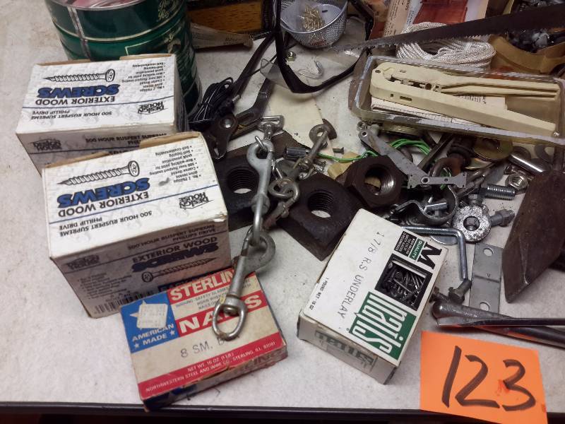 lot 123 image: Large lot of misc. tools and hardware as pictured
