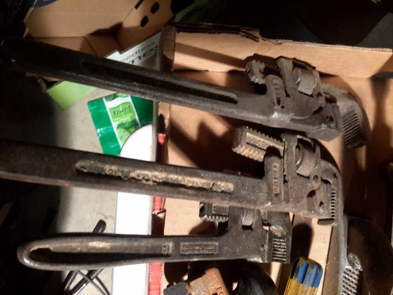 lot 128 image: Misc. Tools as pictured.  Includes 3 pipe wrenches