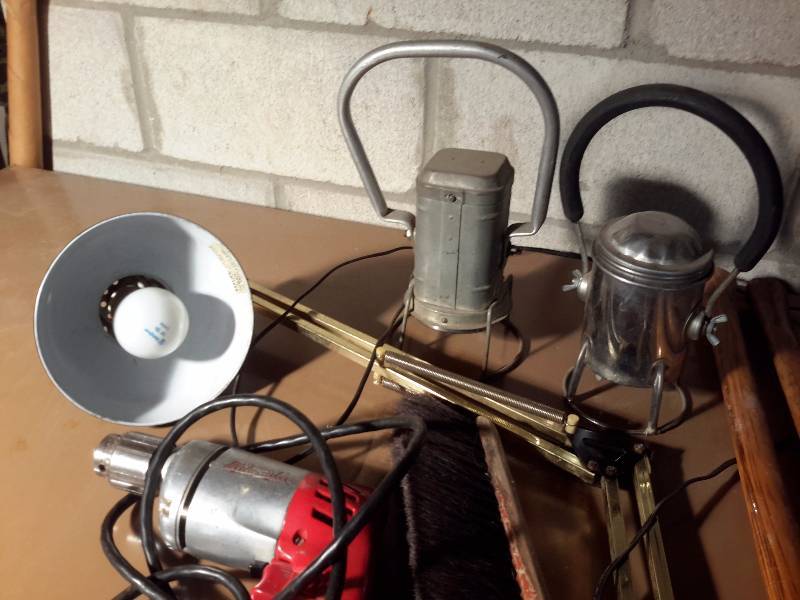 lot 151 image: Lot of Tools and other items  Desk Lamp, 2 light bodies, double bed ax, extra handle, Table brush.