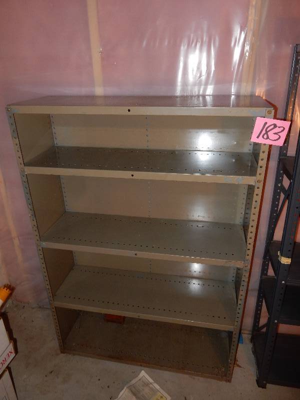 lot 183 image: 2 metal Shelves as pictured.  1, 36in x 12 x 53 1, 36in x 12 x 60