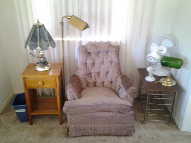 lot 5 image: Upholstered Side Chair, Wood Table With Drawer-16x14x27, 4-Lamps, 1-Fan, 1-Rolling Record Album Stand