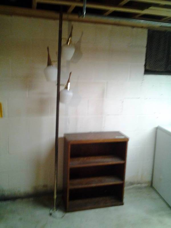 lot 20 image: Wood Bookcase 28x11x33, Adjustable Tension Rod Pole Lamp 7-8 Feet (Down Stairs)