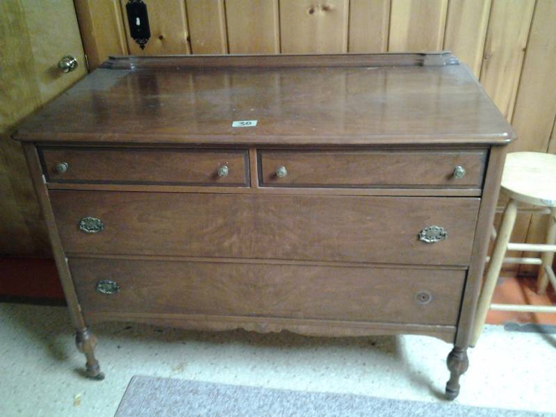 lot 30 image: Vintage Wood Side Board Buffet With 4 Drawers On Wheels (49x24x36)