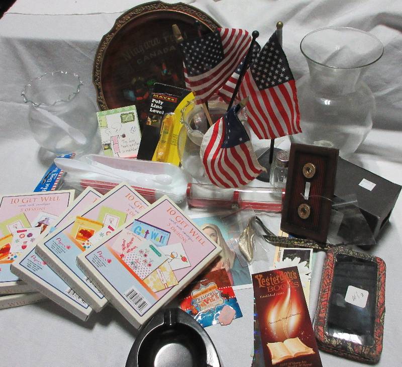 lot 16 image: Misc. 5 boxes New Greeting Cards, Tray, Vase, Flags,Hot Dog Holders