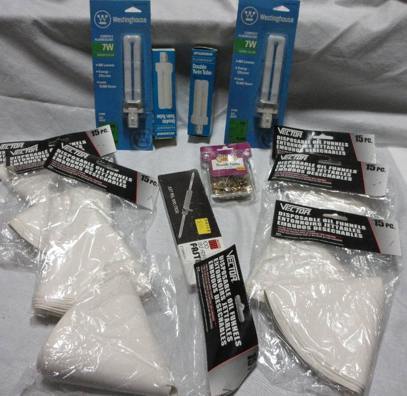 lot 17 image: Misc. Lot--Oil Funnels, New Light Bulbs, Thumb Tacks, File Fasteners