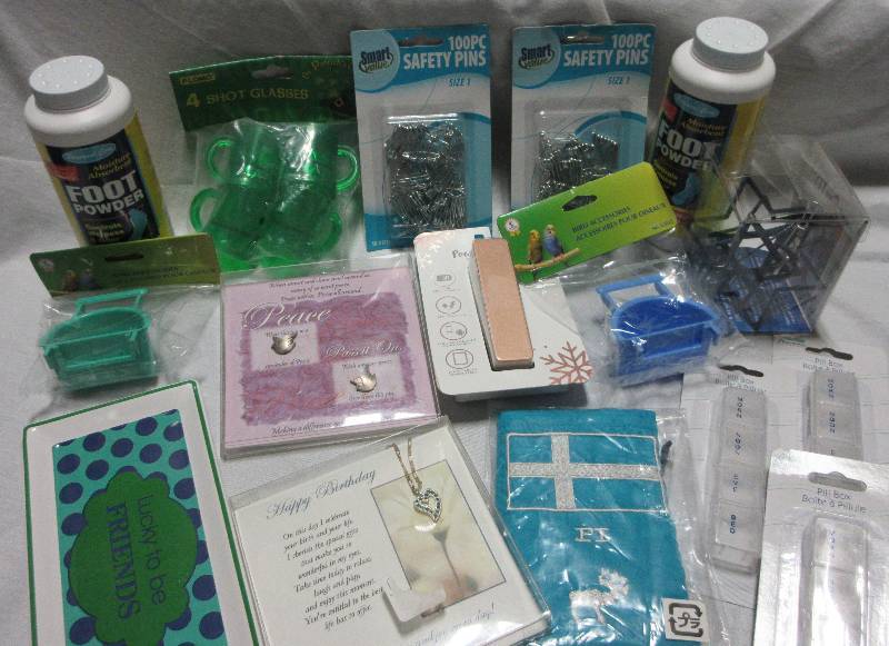 lot 18 image: NEW Misc. Lot Foot Powder, Pill Holders, Bird Feeders, Safety PIns, Power Pack, Tray, Jewelry