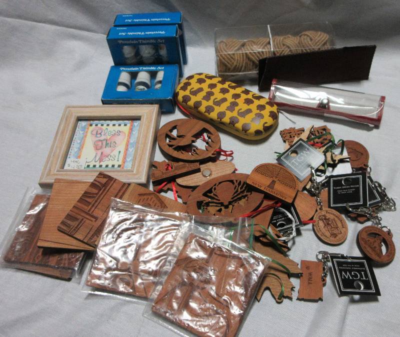 lot 20 image: MISC NEW LOT Eyeglass Case, Napkin Rings, Picture, Wood Burned Ornaments