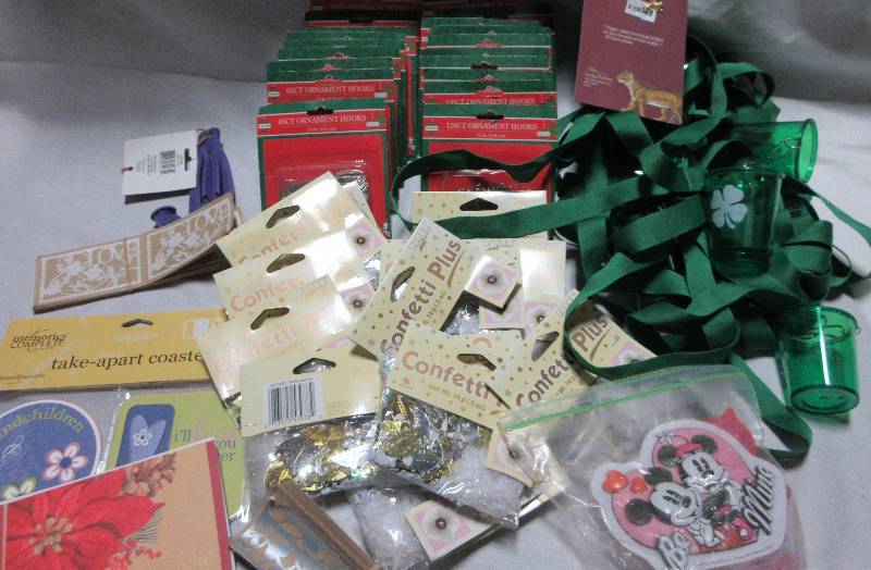 lot 26 image: MICS LOT NEW Silhouettes, Ornament Hooks 2 sizes, St Pattys Day Lanyards and Shot Glass