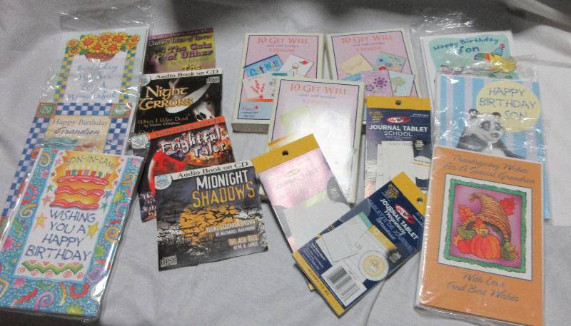 lot 32 image: NEW 3 Boxes of Greeting Cards, 6 Packs of Greeting Cards, 4 Halloween CD, School Pads