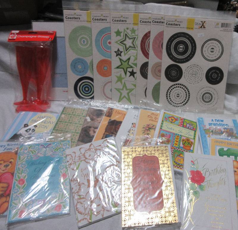 lot 37 image: NEW Approximately 70 Greeting Cards, 6 Coaster Sets, Picture Mat