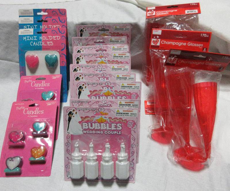 lot 47 image: LARGE LOT NEW Wedding Bubbles, Champagne Glasses, Candles