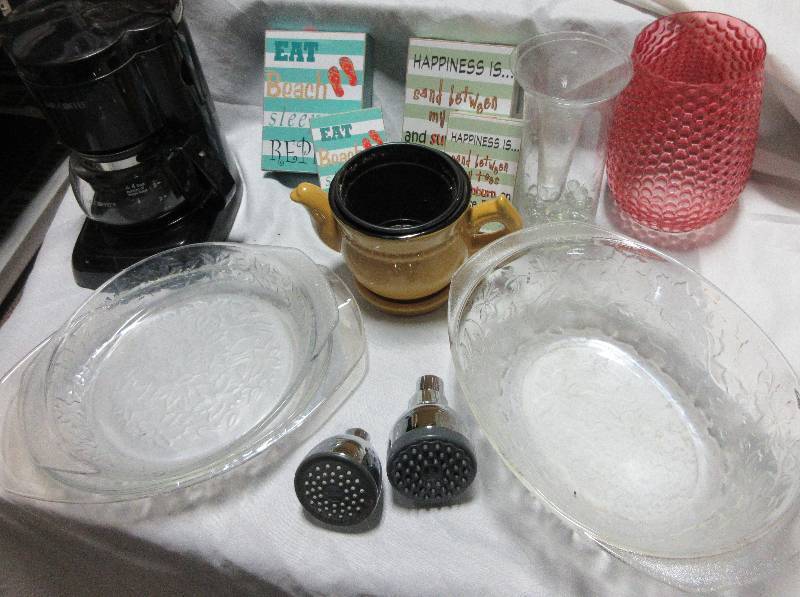lot 49 image: MISC LOT  Coffee Pot, Vases, Glass Dishes, Signs, Platters