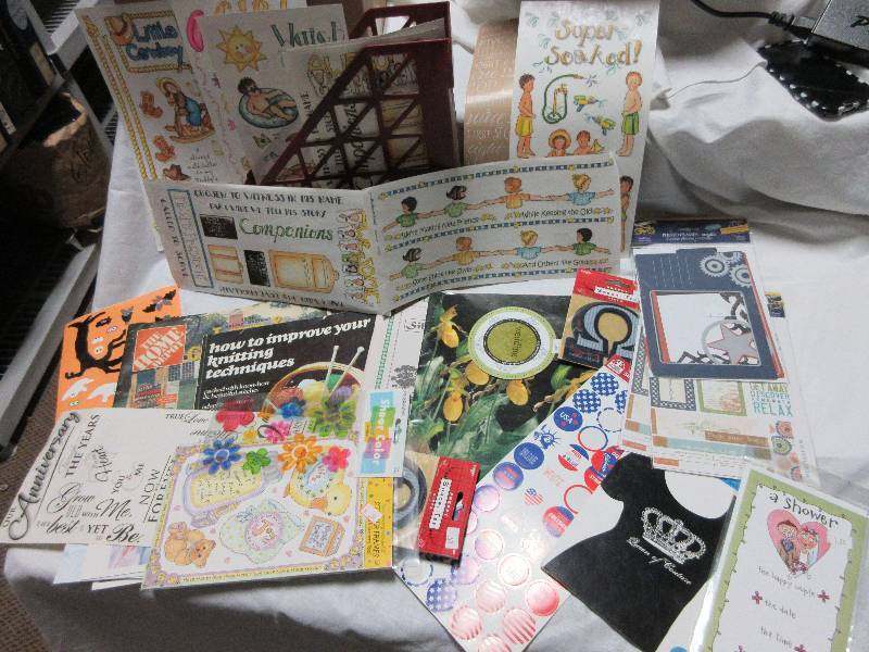 lot 59 image: NEW Lot of Scrap Booking items and Magazines and Holder