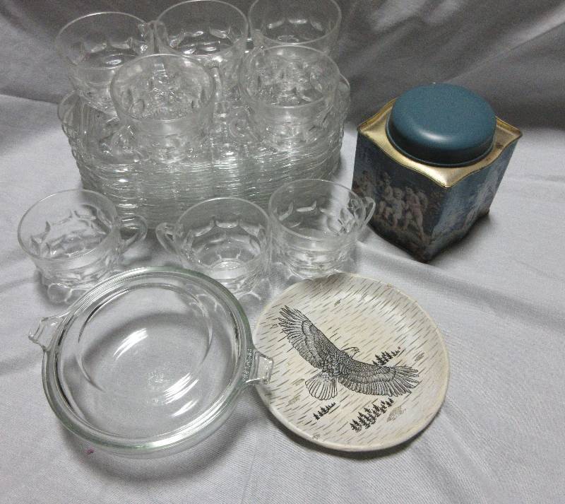 lot 66 image: MISC LOT- Luncheon Set, Eagle Plate, Bowl and Covered Tin