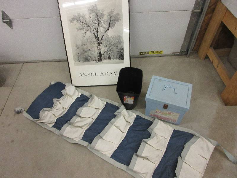 lot 120 image: ANSEL ADAMS PICTURE, HANGING SHOE RACK, FILE HOLDER, GARBAGE CAN