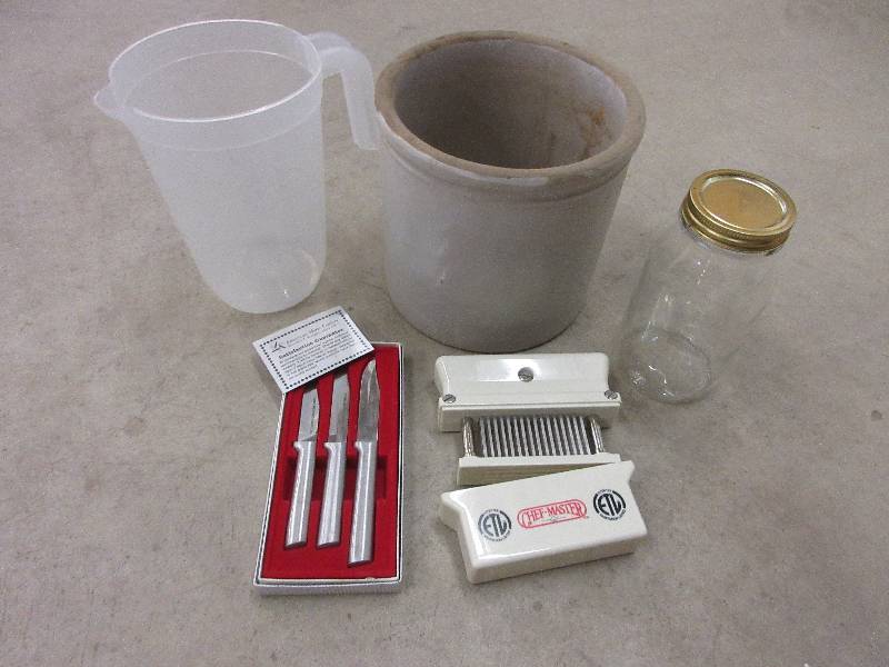 lot 132 image: LOT CROCK, NEW SET OF KNIVES, NEW MEAT TENDERIZER, PITCHER, JAR