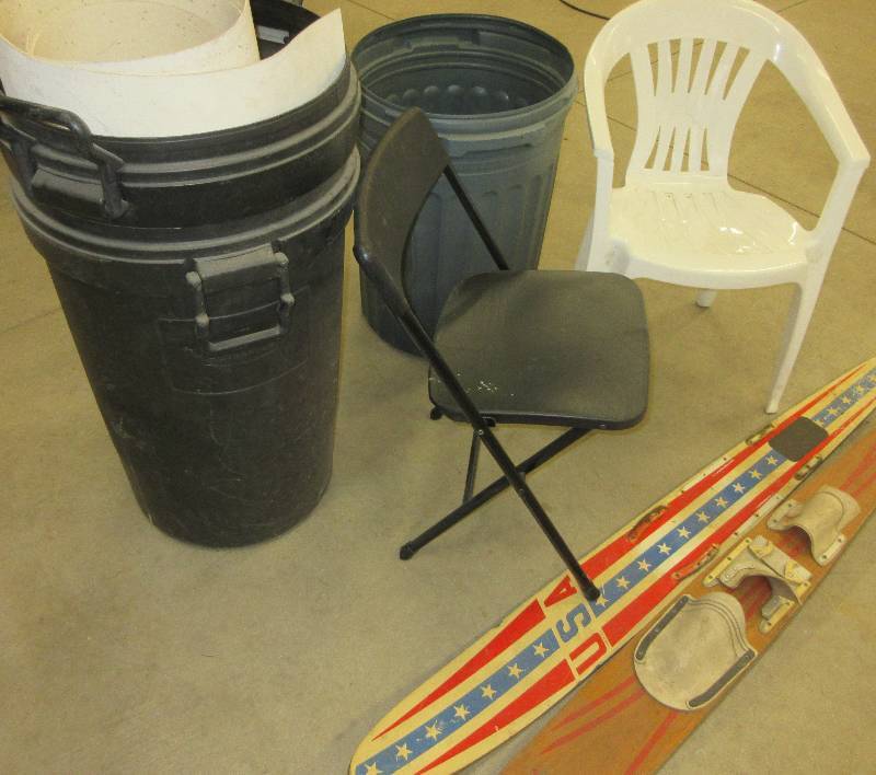 lot 155 image: MISC LOT 2 WATER SKIIS, 2 CHAIRS, 3 GARBAGE CANS,